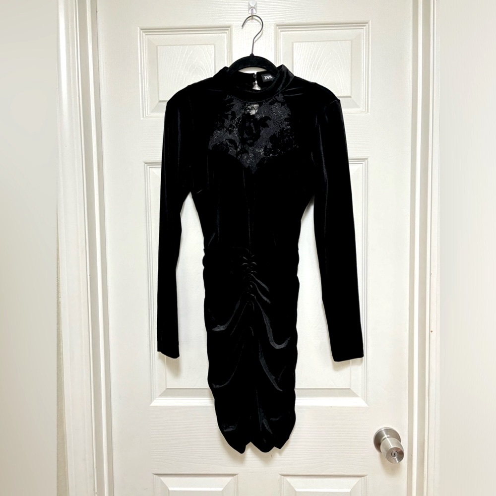 Zara Black Velvet Mini Dress with Lace Accent - Picture 4 of 9